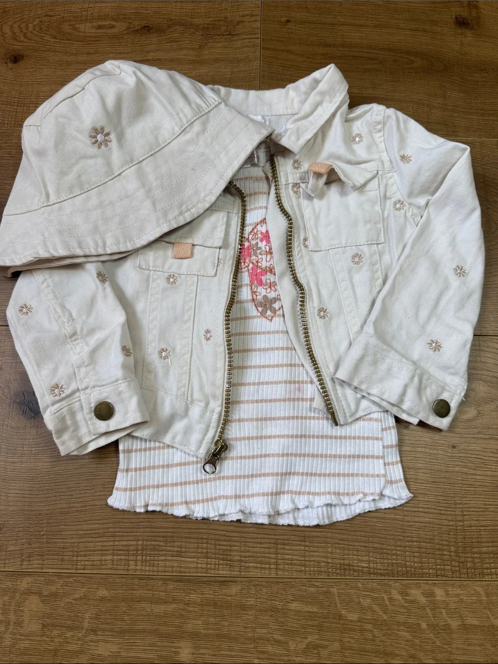 Girls' Tan Cargo Pants with matching Denim Jacket and Bucket Hat w/ Floral Trim